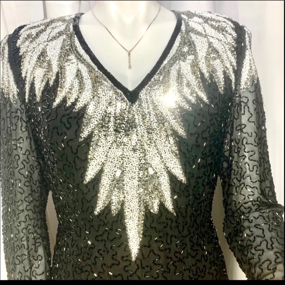 Vintage Oleg Cassini BLACK TIE  Formal SILK Gown Occasion Event Evening Sequined - Picture 11 of 16